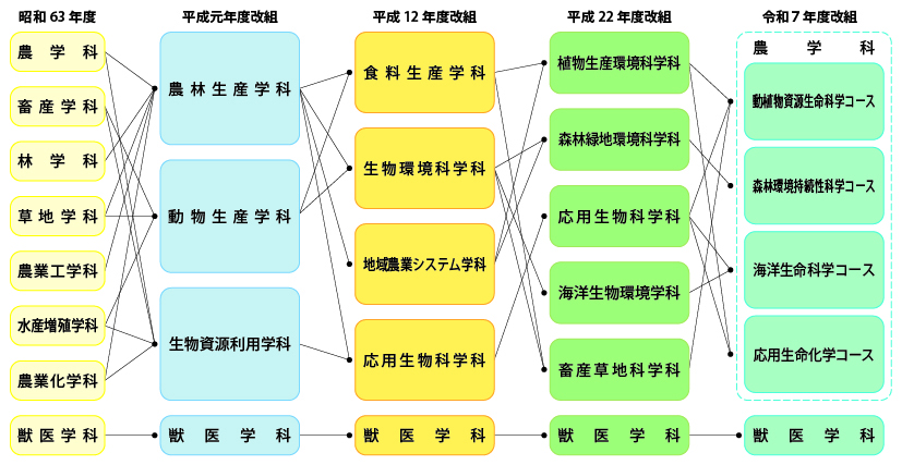 農学部の改組と学科の関連